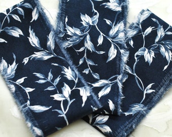 Handmade Hand Torn Cotton Fabric Strips 2", Navy Blue Leaf Floral, Journal  Slow Stitching Snippet Craft Ribbon