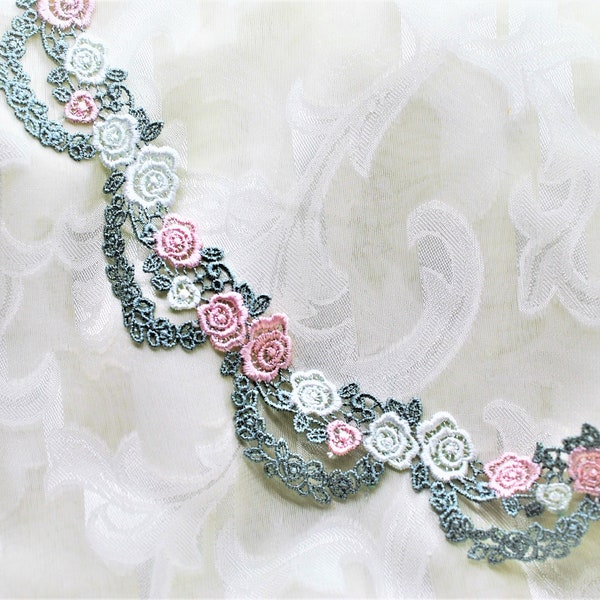 Pink Blue Green & White Floral Rose Embroidered Swag Lace Trim, Doll Trim, Scrapbook Junk Journal Lace Trim. Decorative Trim, Victorian Trim