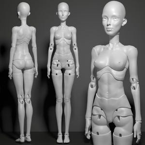 May include: Three-view image of a white articulated doll. The doll has a smooth, unpainted surface and is designed with multiple points of articulation. The figure is posed in a standing position, showcasing its anatomical details and jointed limbs.