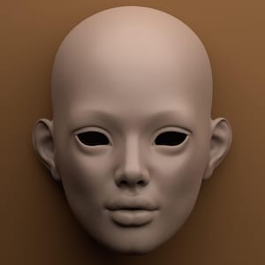 May include: A smooth, pale beige mask of a human face with closed eyes and a neutral expression. The mask has a rounded forehead, defined cheekbones, and full lips. The background is a solid, warm brown.
