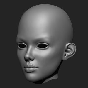 May include: A 3D-rendered, gray-toned human face model. The model features a smooth, hairless head, defined facial features including a nose, lips, and ears, and empty eye sockets. The face is set against a dark gray background.