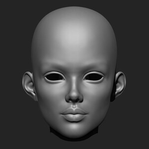 May include: A grayscale 3D-rendered human face, featuring a smooth, hairless head, prominent ears, and defined facial features. The eyes are dark voids, and the lips are slightly parted. The image is set against a dark gray background.