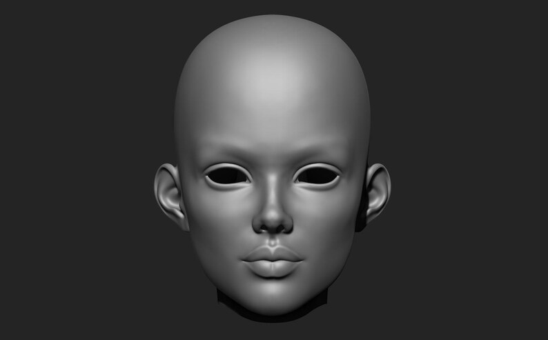 May include: A grayscale 3D-rendered human face, featuring a smooth, hairless head, prominent ears, and defined facial features. The eyes are dark voids, and the lips are slightly parted. The image is set against a dark gray background.