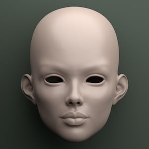 May include: A smooth, unpainted, pale-toned doll head with closed eye sockets, a defined nose, and full lips. The ears are detailed, and the head is bald. The background is a muted green.