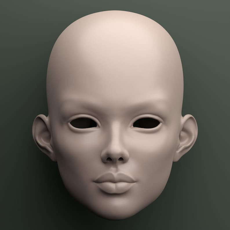 May include: A smooth, unpainted, pale-toned doll head with closed eye sockets, a defined nose, and full lips. The ears are detailed, and the head is bald. The background is a muted green.
