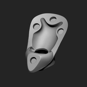 May include: A gray, abstract, 3D-rendered object with a rounded, elongated shape. It features multiple circular and curved openings, and a smooth, matte finish. The object is set against a dark gray background.