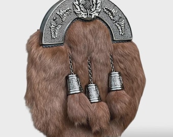 Sporran de piel marrón de cuero escocés para hombre con 3 borlas Kilt sporran y correa de cadena