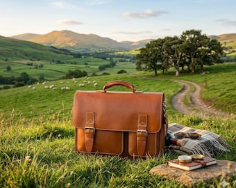 Personalized Leather Laptop Bag, Work Bag with Compartments, Custom Briefcase for Men and Women