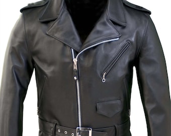 May include: Black leather motorcycle jacket with a notched collar, asymmetrical zipper closure, and a belt at the waist. Features include a zippered chest pocket, a small flap pocket, and shoulder epaulets. The jacket has a classic, edgy style.
