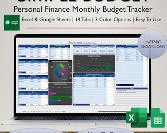 May include: A laptop computer screen displaying a spreadsheet with a blue and white color scheme. The spreadsheet is titled "January 2025: Monthly Budget Report". The spreadsheet includes a budget vs actual chart, a cash flow breakdown chart, and a spending vs saving chart. The spreadsheet is part of a personal finance monthly budget tracker. The text "Instant Download" is in the upper right corner of the screen. The text "12 Months Tracking" and "Year-To-Date Summary" are below the laptop screen.