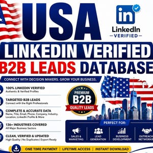 May include: A digital graphic promoting a USA LinkedIn Verified B2B Leads Database. The text includes USA, LinkedIn Verified, B2B Leads Database, Connect with decision makers, Grow your business, and lists features like 100% verified profiles.
