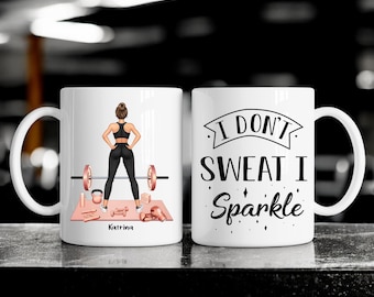 Personalized Gym Mug - I Don't Sweat I Sparkle, Custom Gym Lover Gift, Funny Fitness Caricature Mug, Fun Gift for Coach