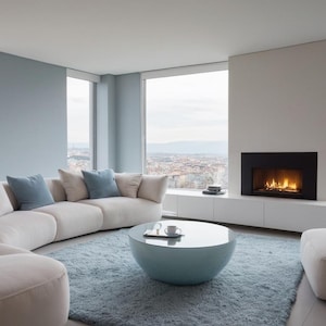 Può includere: Un soggiorno moderno con un grande divano componibile di colore beige chiaro, con cuscini di colore blu. Il divano è posizionato di fronte a una grande finestra con vista sullo skyline della città. Un camino con un rivestimento nero è integrato nel muro, e un tavolino da caffè in vetro blu si trova di fronte al divano.