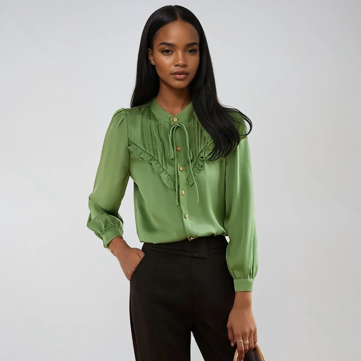 Green Silk Ruffle Blouse Bodysuit, Tie Neck Elegant Top, Fitted Long Sleeve Blouse, Workwear Top, Office Fashion, Classic Formal Shirt