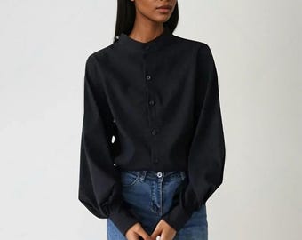 Black Lantern Sleeve Blouse, Elegant High Neck Top, Formal Casual Office & Day Wear Top