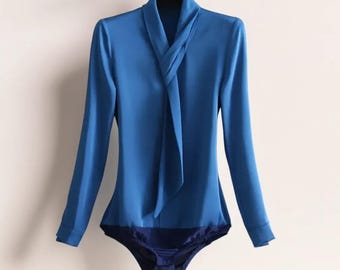 Blue Tie Neck Bodysuit, Elegant Blouse Bodysuit, Long Sleeve Top, Office Bodysuit, Formal Bodysuit, Women's Blouse, Business Casual Top