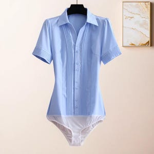 Chic Blue Button-Down Shirt, Fitted Short Sleeve Blouse, Elegant Workwear Top, Office Fashion, Classic Formal Shirt