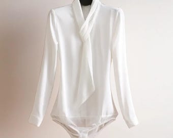 Blue Tie Neck Bodysuit, Elegant Blouse Bodysuit, Long Sleeve Top, Office Bodysuit, Formal Bodysuit, Women's Blouse, Business Casual Top