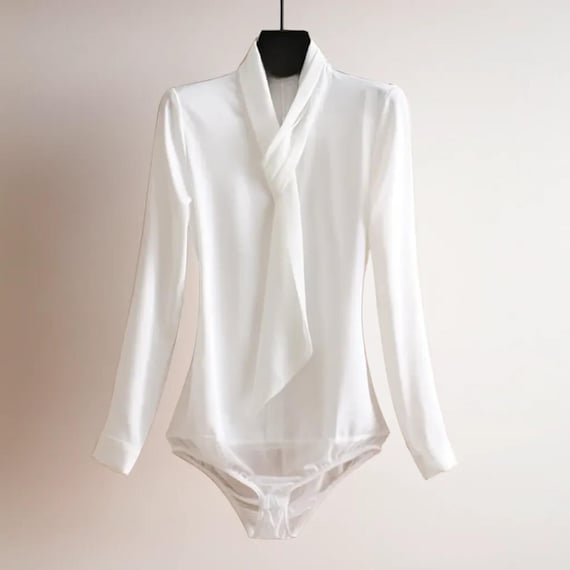 Blue Tie Neck Bodysuit, Elegant Blouse Bodysuit, Long Sleeve Top