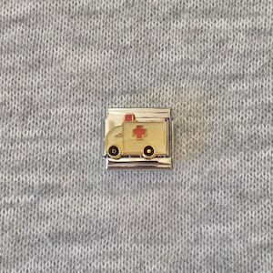 Ambulance Italian Charm uk: silver Stainless Steel Enamel bracelet link, emergency vehicle, keyworker