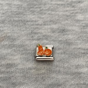 May include: A square stainless steel modular charm link featuring a colourful enamel inlay of an orange gourd and a round pumpkin with green stems. The metal link has a polished silver finish and is designed to connect to a bracelet chain.