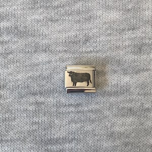 Kuh Italienischer Charm uk: 9 mm aus Edelstahl mit Gravur, silberfarbenes Glied Armband