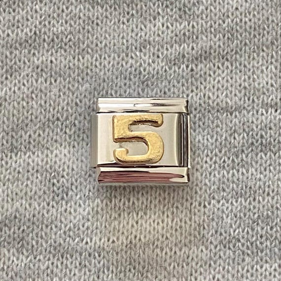 Number 5 Italian Charm uk: 9mm Stainless Steel silver bracelet link, 5th birthday