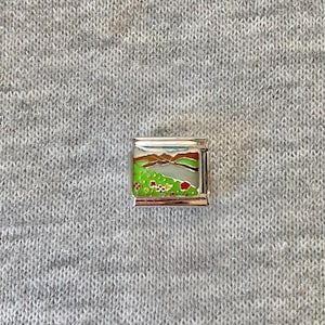 Countryside Italian Charm uk : 9mm Stainless Steel silver bracelet link, meadow