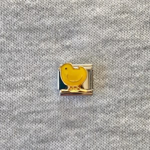 Enamel Italian charm bracelet links UK, 9mm classic silver stainless steel charms, yellow easter chick