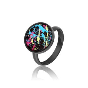 Black Concrete Statement Ring with White Splatter – Adjustable Resin Ring – Modern Handmade Jewelry