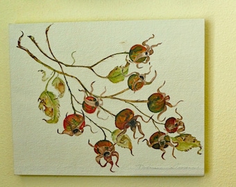 Pintura original de acuarela de escaramujos impresa sobre lienzo. Firmada por el artista.