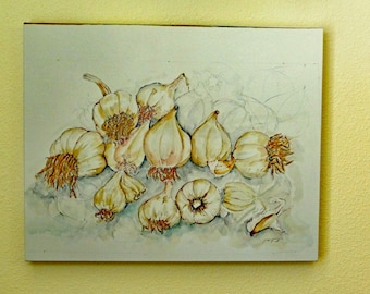 Dientes de ajo. Acuarela original impresa sobre lienzo. Firmada por el artista.