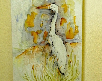 EGRET - Acuarela original impresa sobre lienzo. Firmada por el artista.