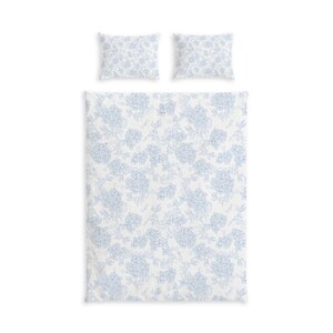 Blue Floral Toile Duvet Cover Cotton Bed Set | Vintage Cottage Pattern