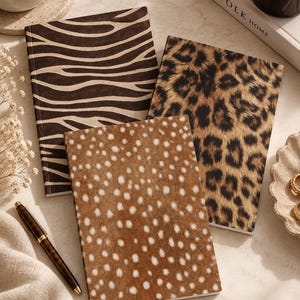 Può includere: Tre quaderni rettangolari con distinti motivi ispirati agli animali. Un quaderno presenta un design a strisce zebrate marroni e beige, un altro una stampa leopardata nera e marrone chiaro, e il terzo una copertina marrone con macchie bianche.