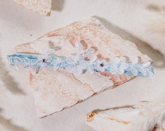 Hellblaues Blumenspitzen-Hochzeits-Strumpfband, etwas Blaues Braut-Accessoire