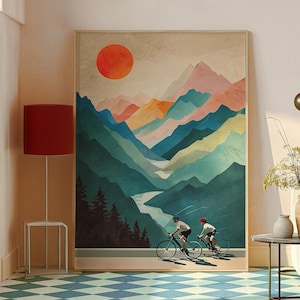 Stampa artistica di coppia di ciclisti - Arte murale panoramica per bici da strada - Poster per avventure ciclistiche - Decorazione per ciclismo di montagna - Opera d'arte minimalista per ciclisti