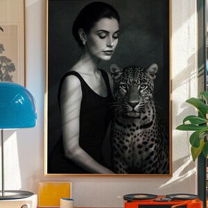 Woman with Leopard Black and White Art - Luxury Fashion Print - Feminist Poster - Powerful Feminine Energy Print – Luxury Jungle Glam Decor