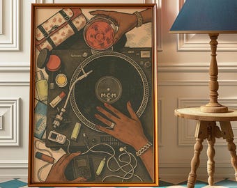 Arte de mujer negra - Impresión de póster de mujer negra con vinilo - Arte mural vintage de chica negra - Impresión de discos de vinilo - Impresión artística de tocadiscos de DJ retro