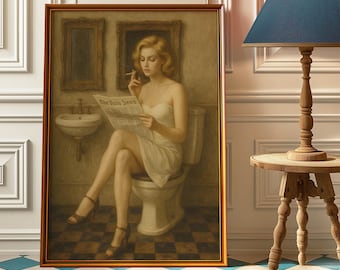 Woman With Cigarette And Newspaper Bathroom Wall Art - Vintage Cigarette Poster - Retro Bathroom Decor - Girl Sitting On Toilet Art Print