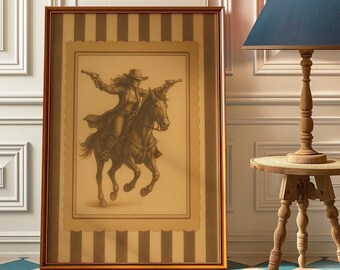 Vintage Western Cowgirl Poster - Western Horseback Rider Wall Art – Rustic Wild West Print for Farmhouse or girl Cave Decor