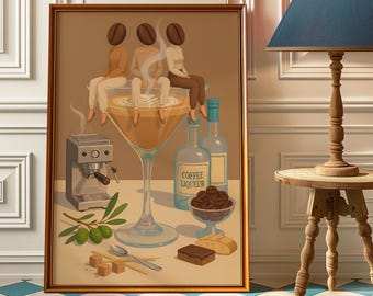 Espresso Martini Bar Mid Century Modern Poster Print – Coffee Bean Girls in Martini Glass – Vintage Coffee Cocktail Art, Bar Cart Wall Decor