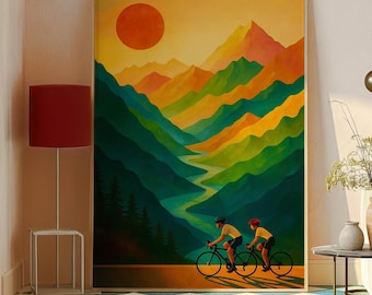 Cycling Couple Art Print - Scenic Road Bike Wall Art - Cycling Adventure Poster - Mountain Cycling Decor - Minimalist Cyclist Artwork