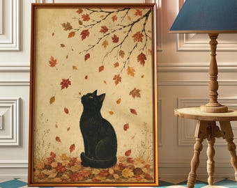 May include: Framed art print featuring a black cat gazing upwards, surrounded by falling autumn leaves. The artwork has a vintage aesthetic, with a warm color palette of browns, oranges, and yellows. The cat is sitting on a bed of leaves.