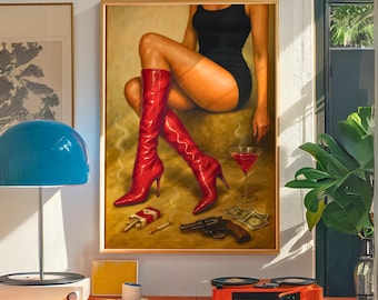 Poster "Red Boots Femme Fatale" - Arte murale estetica "Old Money" - Stampa vintage Martini Noir - Decorazione alla moda chic e civettuola retrò