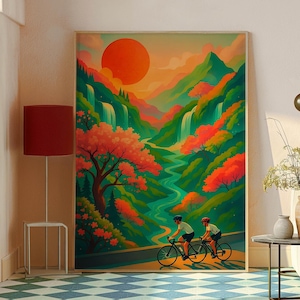 Cycling Couple Art Print - Scenic Road Bike Wall Art - Cycling Adventure Poster - Mountain Cycling Decor - Minimalist Cyclist Artwork
