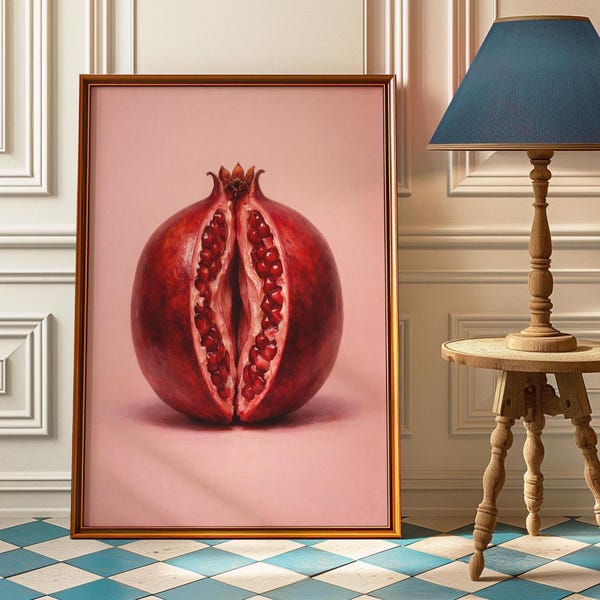 Sliced Pomegranate Feminine Fruit Poster - Sliced Pomegranate Vintage Wall Art - Body Positive Kitchen Decor, Lesbian Surrealism Artwork