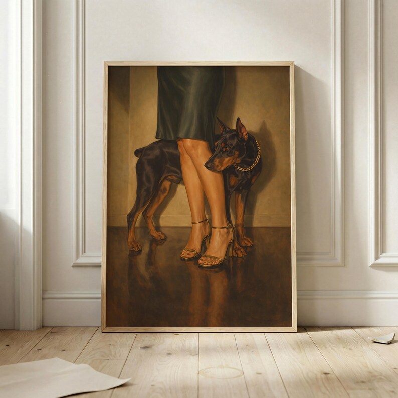 Femme Fatale Doberman Poster, Woman With Doberman Wall Art, Vintage Gothic Glam Print, Strong Feminine Artwork, Elegant Dog Portrait Decor image 12
