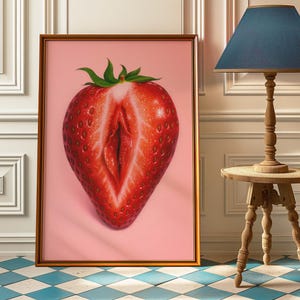 Sliced Strawberry Feminine Fruit Poster - Sliced Strawberry Vintage Wall Art - Body Positive Kitchen Decor, Lesbian Surrealism Artwork
