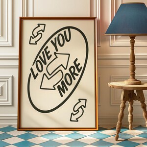 Trendy Love You More-print, retro Uno-muurkunst omgekeerd, speelkaartposter, girly muurkunst, retro muurkunst voor woondecoratie en romantisch cadeau